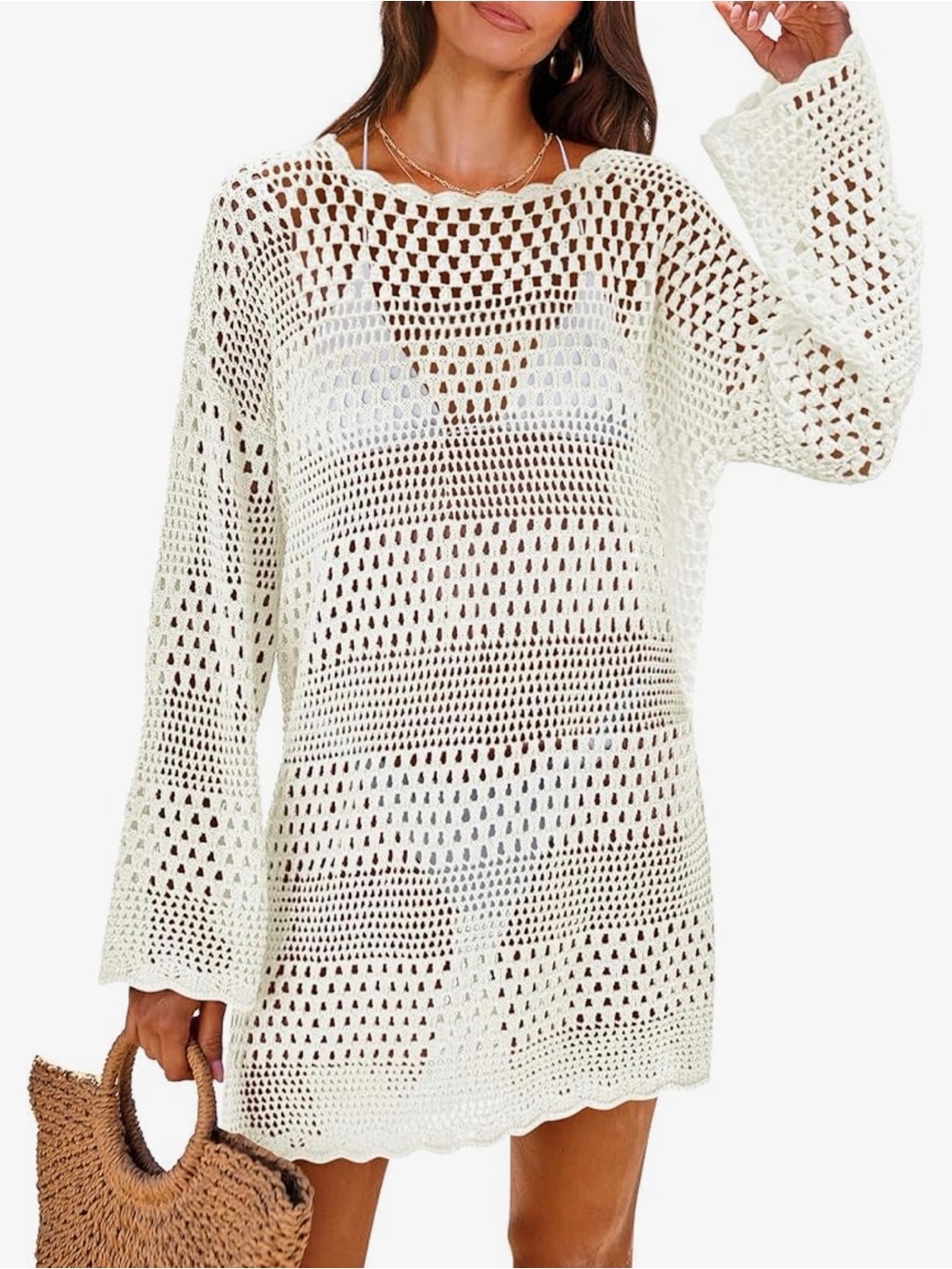 Women’s Crochet Beach Cover-Up Tunic Sweater - White
